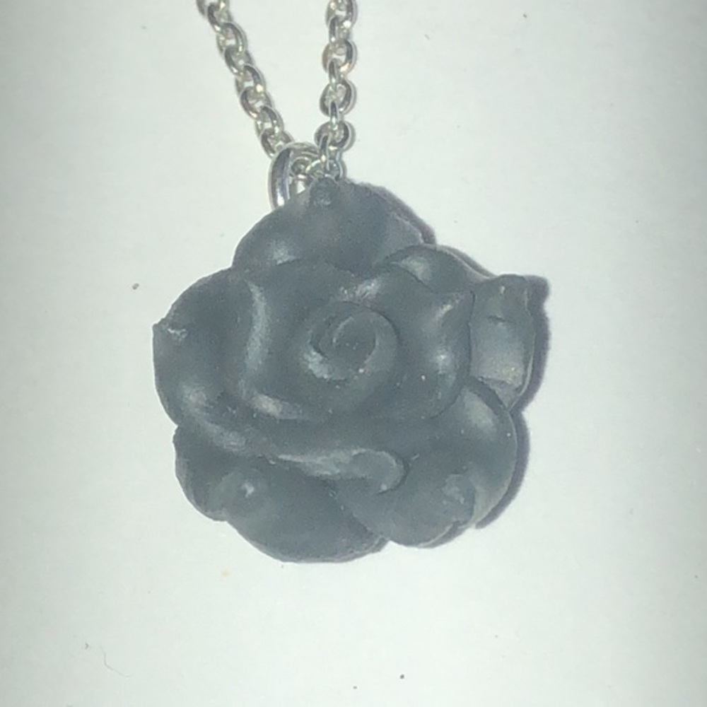 Silver Tone & Dainty Black 3D Boho Flower Pendant Necklace